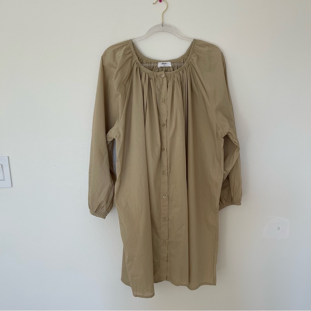 NWOT Mikoh Lilou Beige Tan Ruffled Neck Balloon Sleeve Dress Button Down